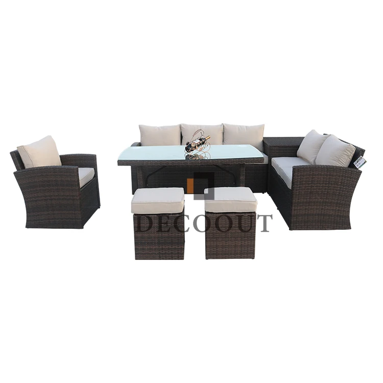 7-Piece Wicker Outdoor Sectional Sofa Set L Shaped Garden Sofa Wicker Outdoor Rattan Sofa Set Furniture With Beige Cushions