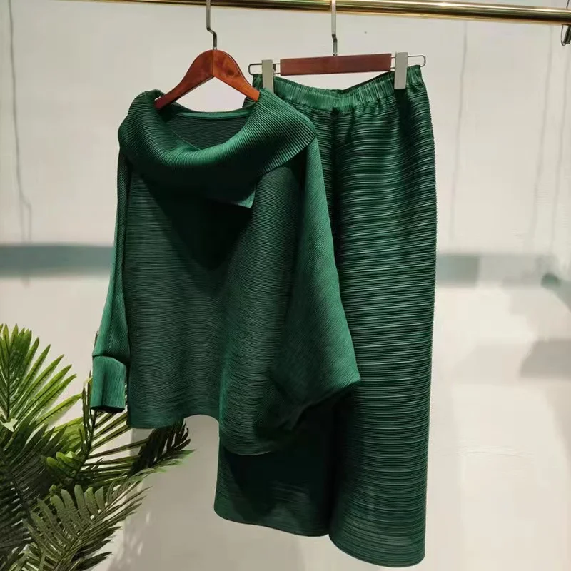 Autumn Factory outlet Plus Size Solid color  Miyake Pleated Polyester Breathable Women top With Wide PantsTwo Pieces set