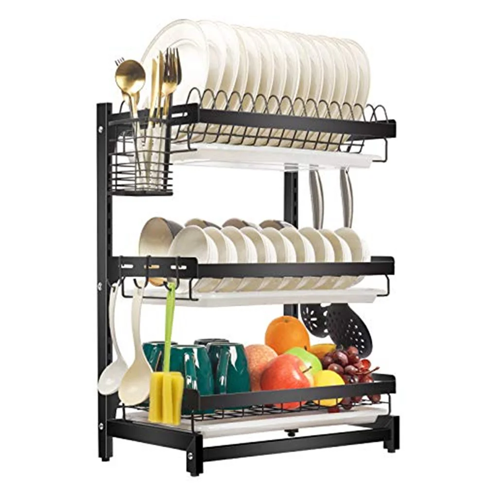 3 Tier Stainless Steel Kitchen Dish Cup Drying Display Stand Rack Organiser With Drainboard Utensil Holder