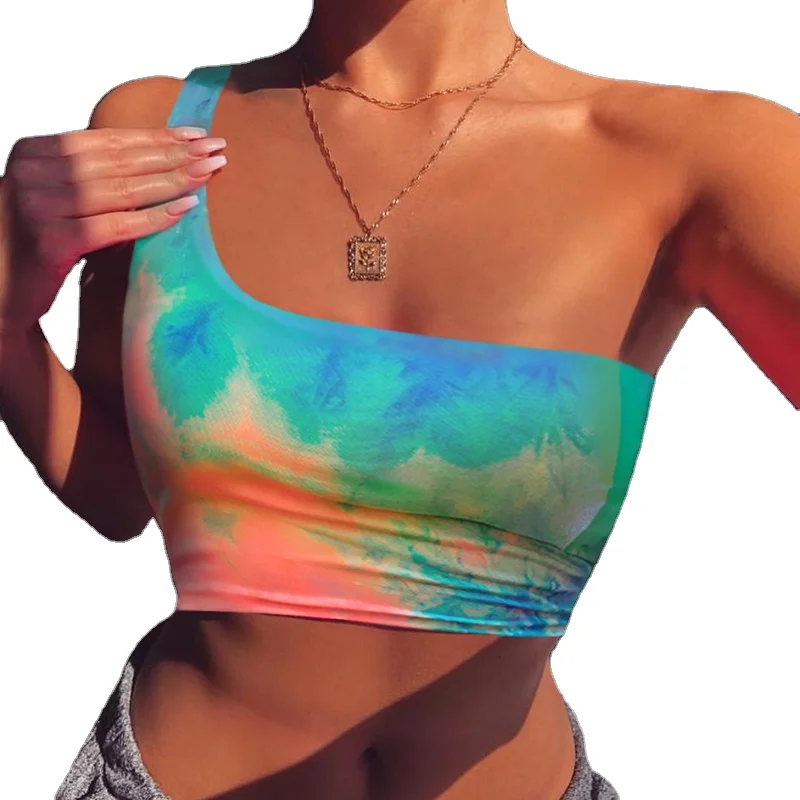 2021 Woman Clothing Tank Top Women Fashion Girls Sexy Tie Dye Tops Blouses Red Stripe One Shoulder Ladies Crop Tops