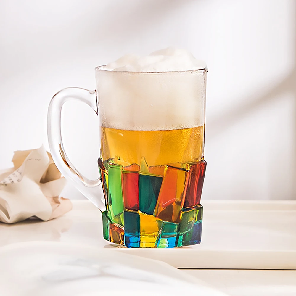 New Design Iridescent Rainbow Crystal Beer Glass Multicolor Aesthetic Glass Cups With Handle