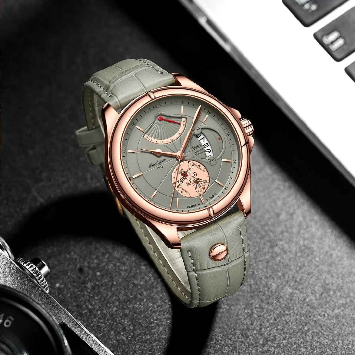 POEDAGAR 802 hot sell make custom  mens quartz watch perfect leather band big dial date display Ultra thin Casual watch company