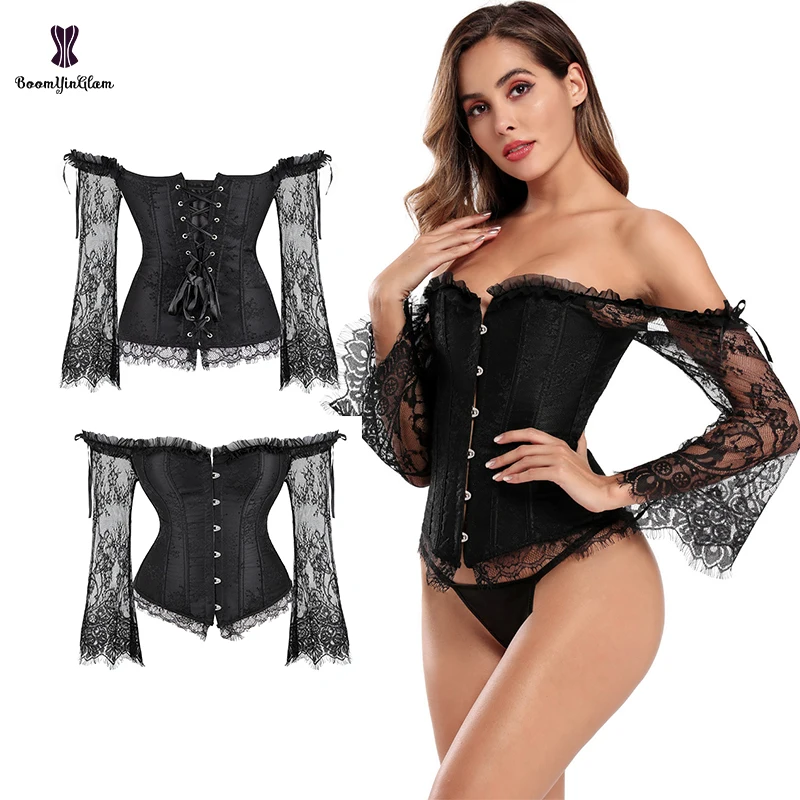 6 Row Busk Embroidered Floral Boned Bustier Overbust Lace Up Bodice Lingerie Red Corset Tops For Women With Sleeves Plus Size