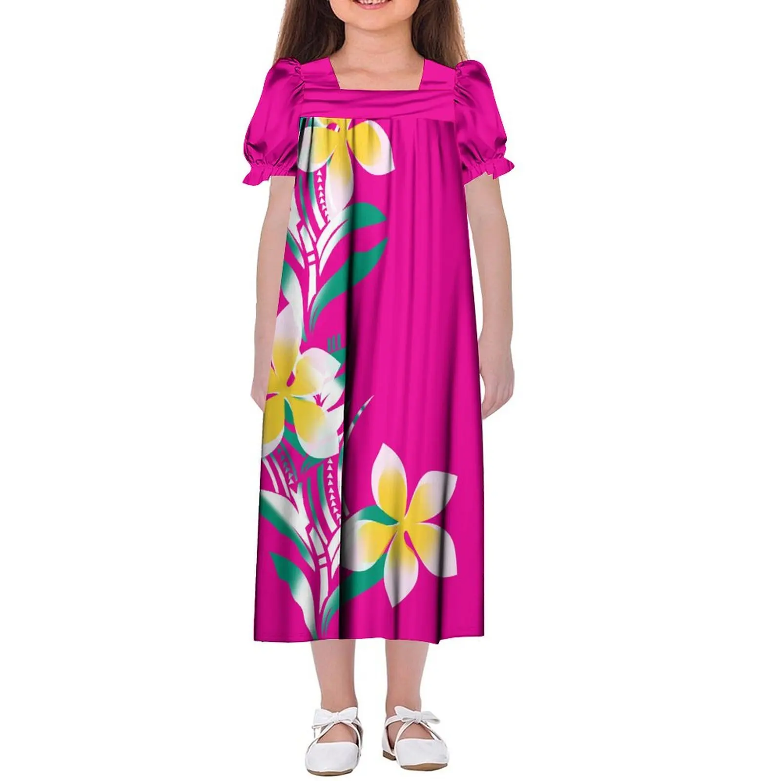 2024 New Summer Micronesian Muumuu Girls Mumu Custom Island Style Plumeria Flower Printed Puff Sleeve Puffy Kids Dress For Girls