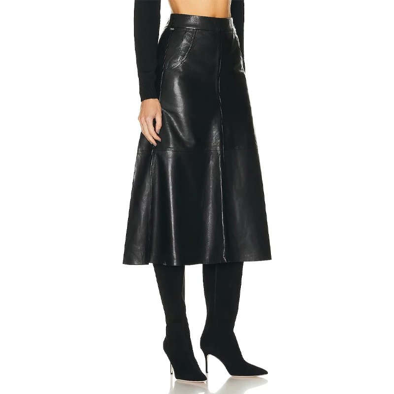 Oem Manufacturer Wholesale Custom Fashion Seamed A Line Women Black Pleated Ladies With Pockets Leather Midi Elegant Skirt