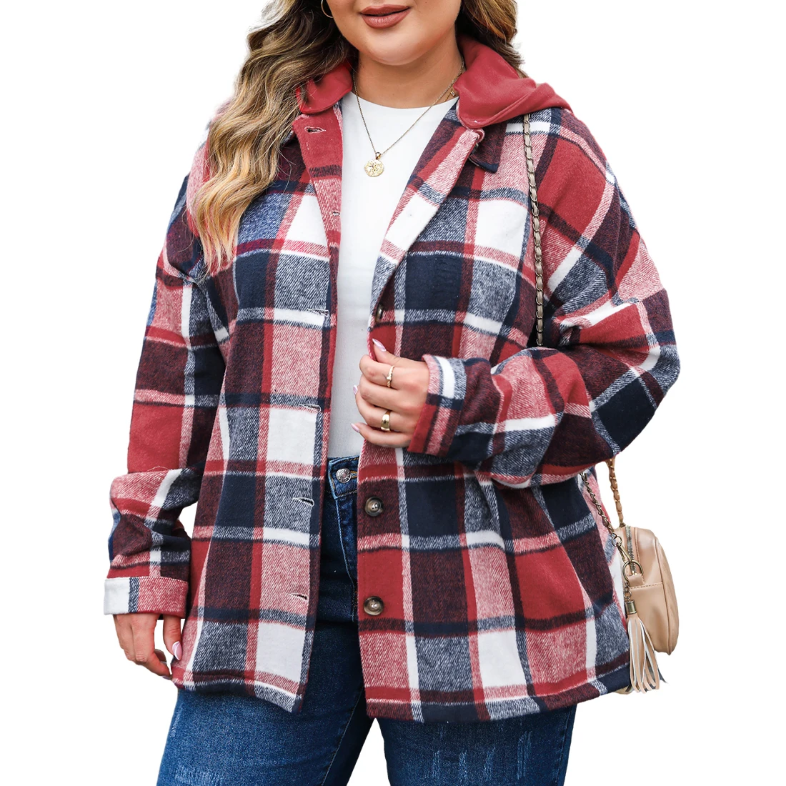 Stylish Classic Button up Ladies Plus Size Jackets Women Plaid Printed Hooded Jacket