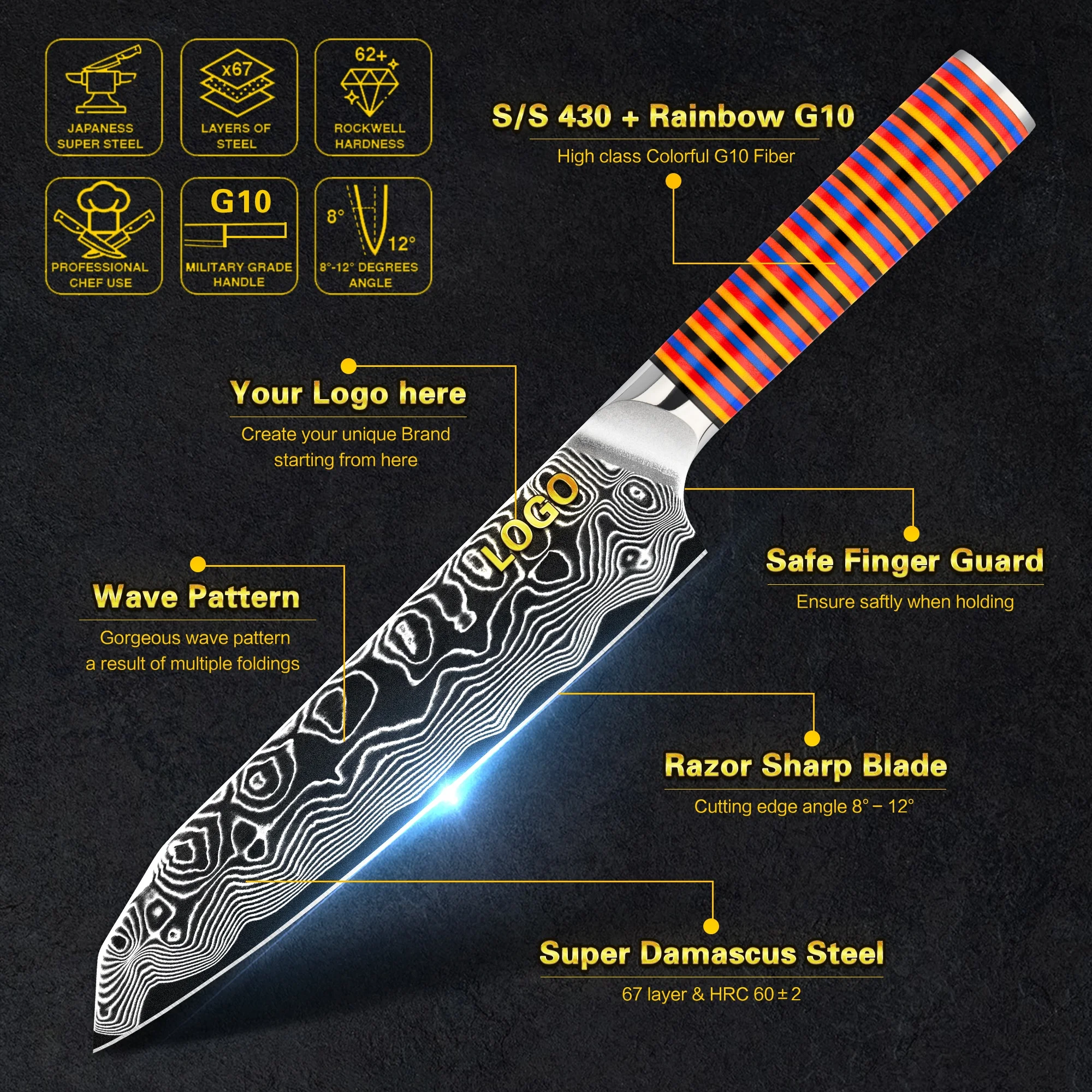 10% off RTS coloured kitchen knives set G10 Handle vg10 damascus knife set 62 hardness with rainbow G10 handle