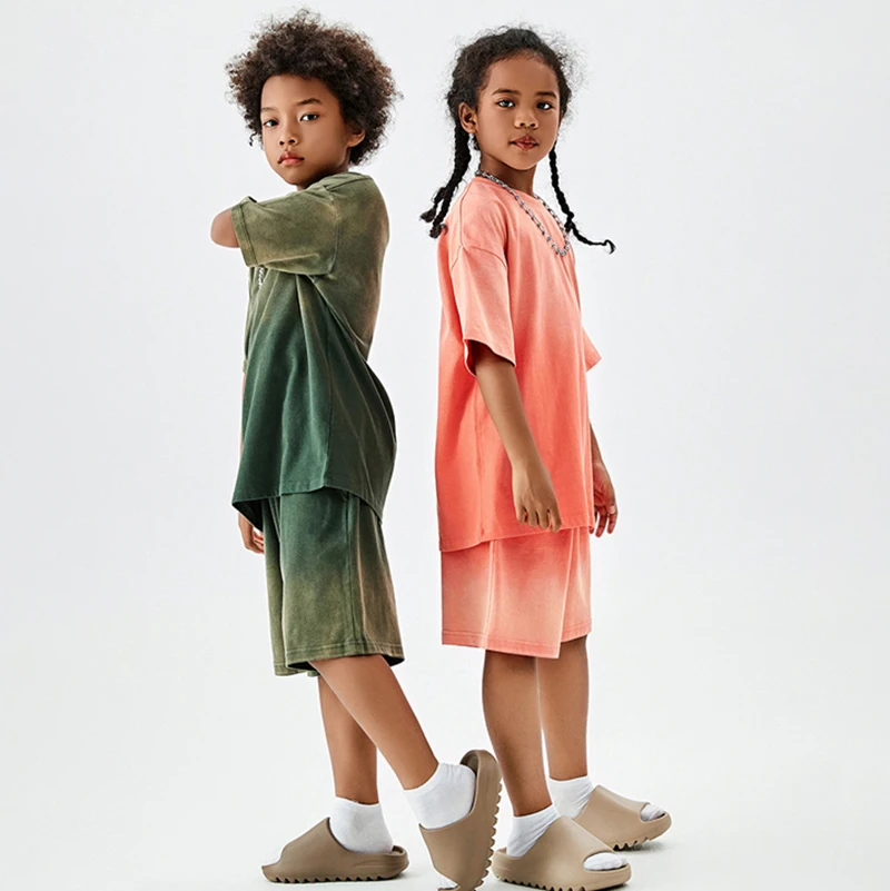 EK-013 High quality children tshirt and shorts 2 pieces suit boys oversized tshirts kids plain acid wash t shirt set