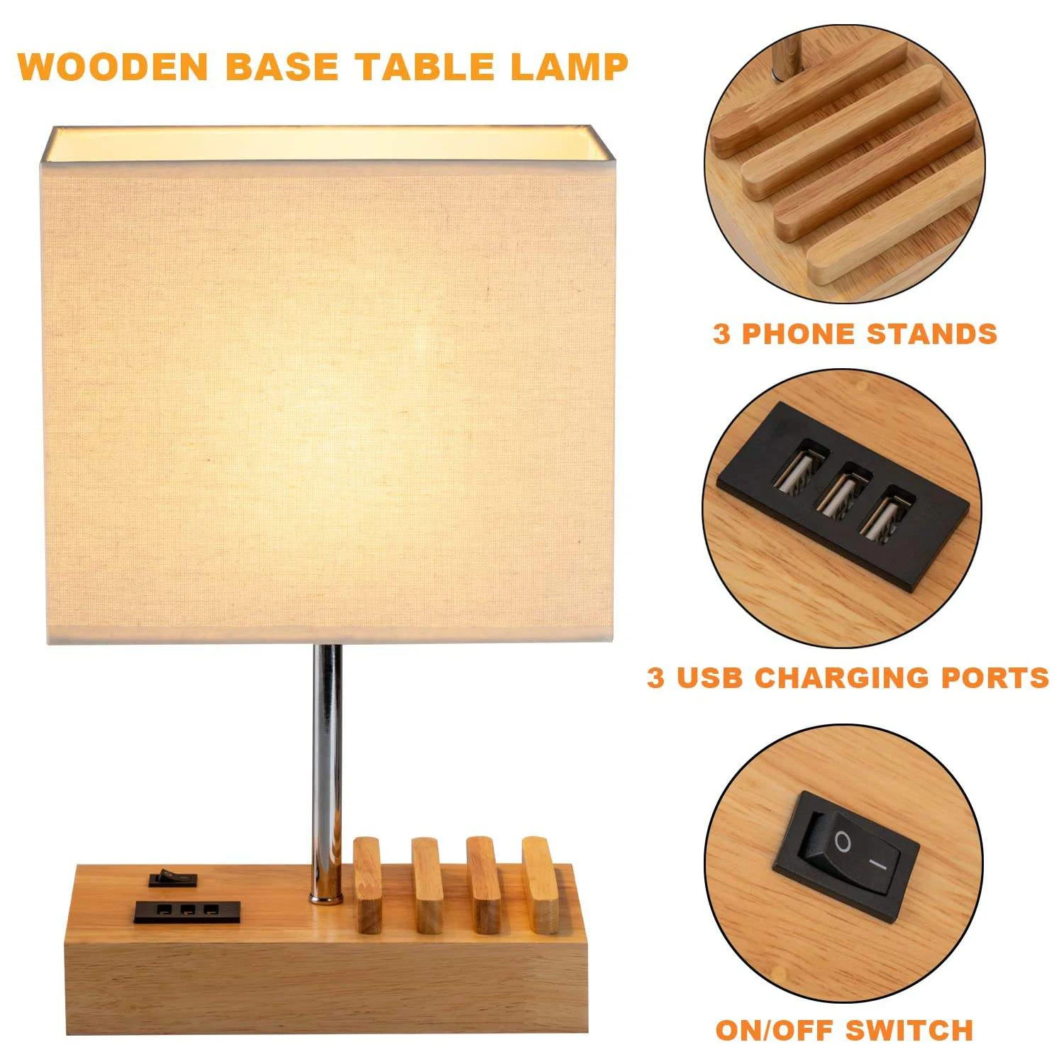 New Arrival Desk Light Modern Lampe De Chevet Avec USB Charging Port Base Wooden Bedside Table Lamp For Hotel or Bedroom