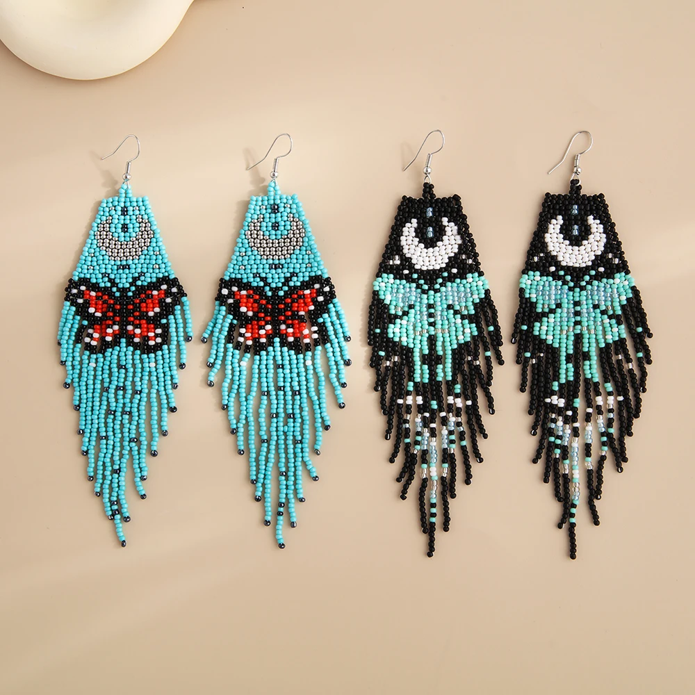 XIXI Handmade Long Blue Beaded Fringe Tassel Earrings Boho Butterfly Seed Bead Dangle Drop Earrings For Women Ladies