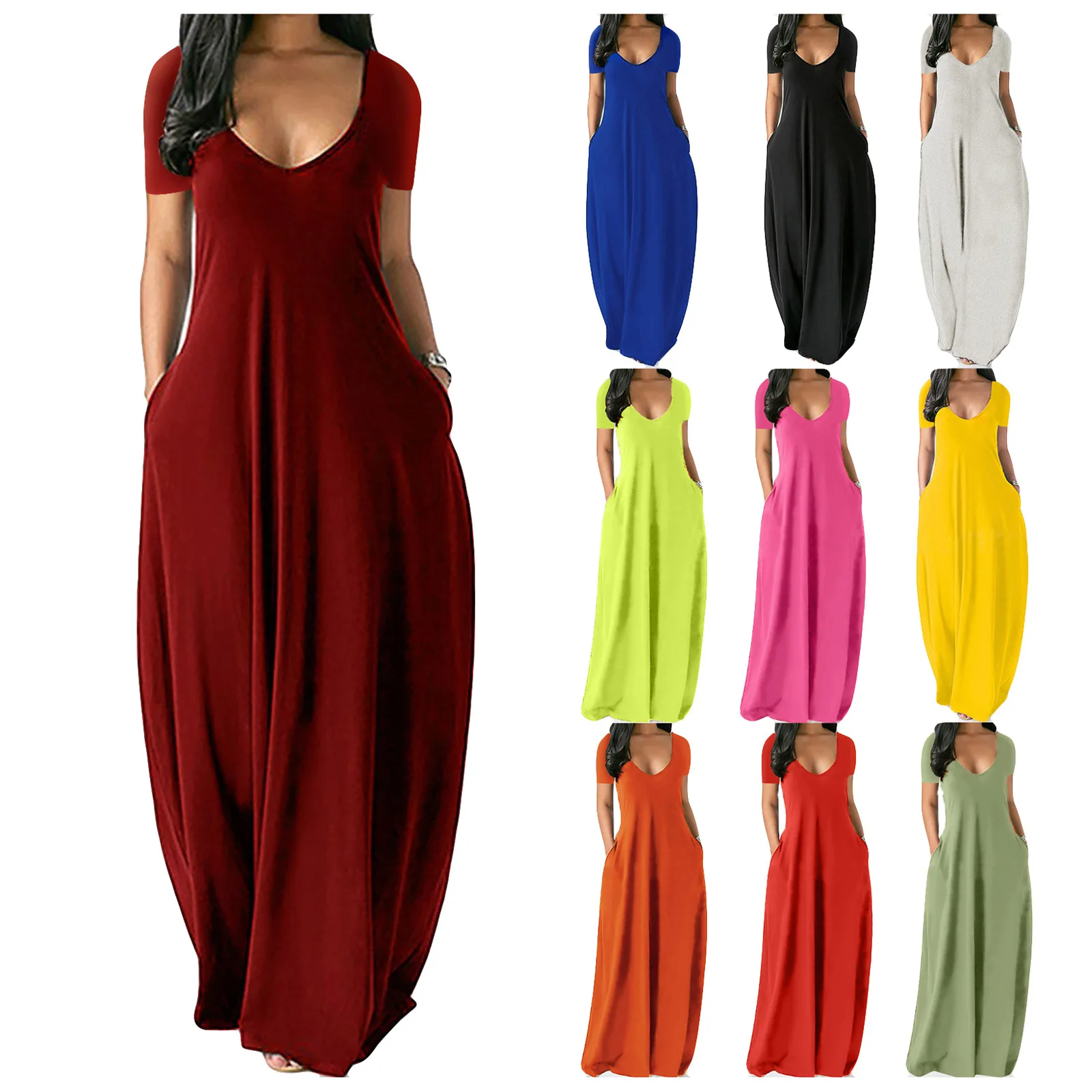 
2021 New Tiktok Long Dress Solid colors Low Neck Sleeve Bodycon Maxi Elegant Women Summer Casual Party Long Dress 