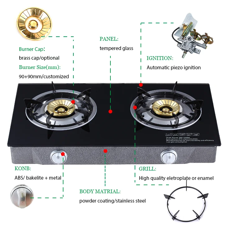 Tempered Glass Cast Iron Burner  Household Table Brass cap Cooker gas stove
