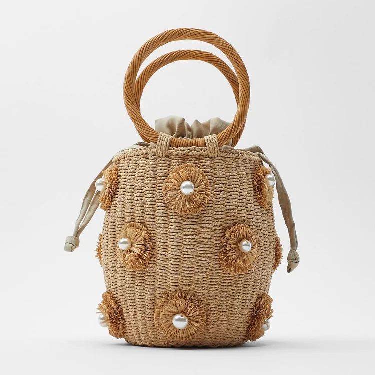 2022 New arrival handbags pearls decorative handmade basket woven bags straw bags