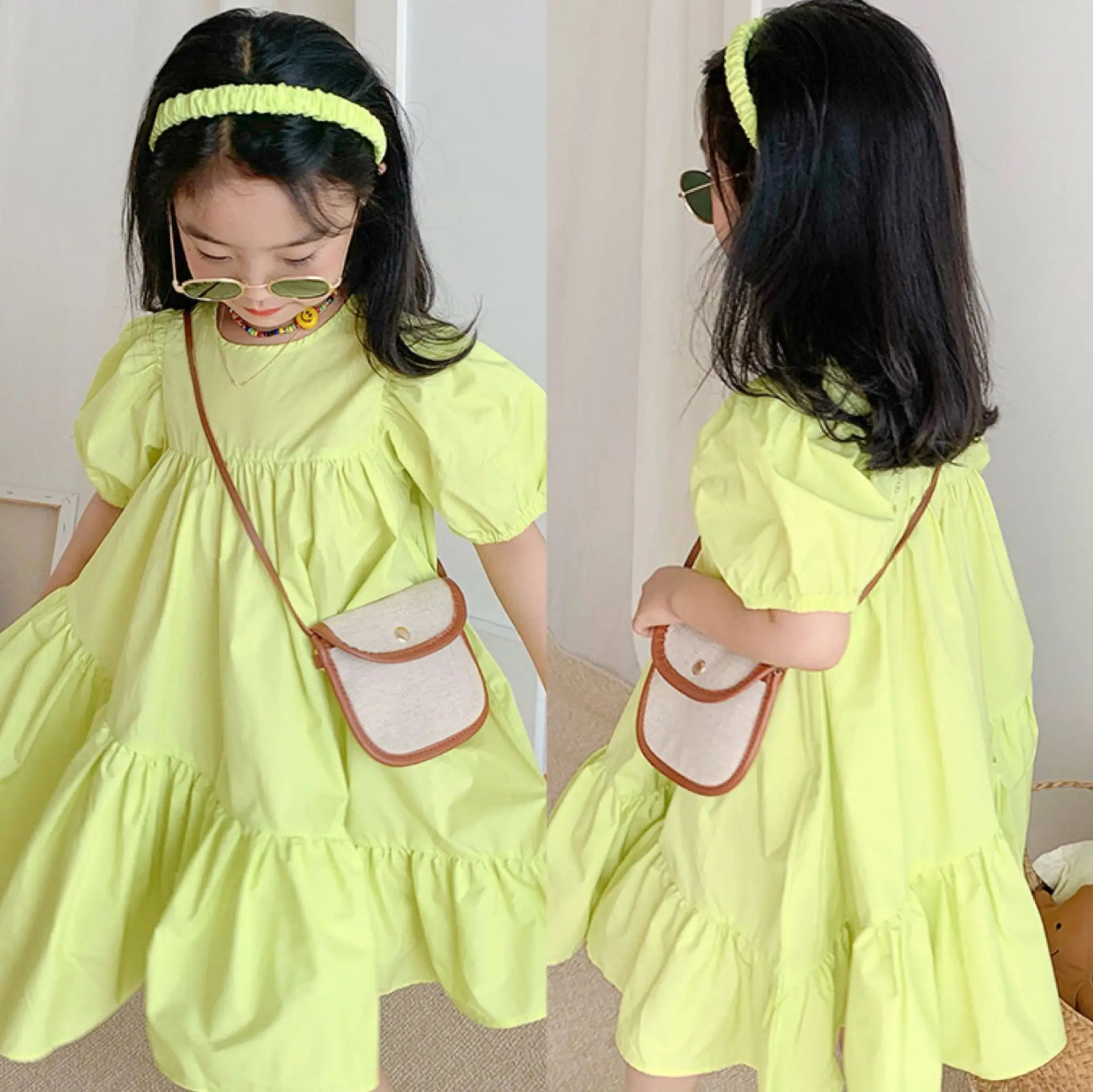 2021 New Fashion Kid  Toddler Girl Neon Green Ruffle Solid Dress for Summer 3-7T