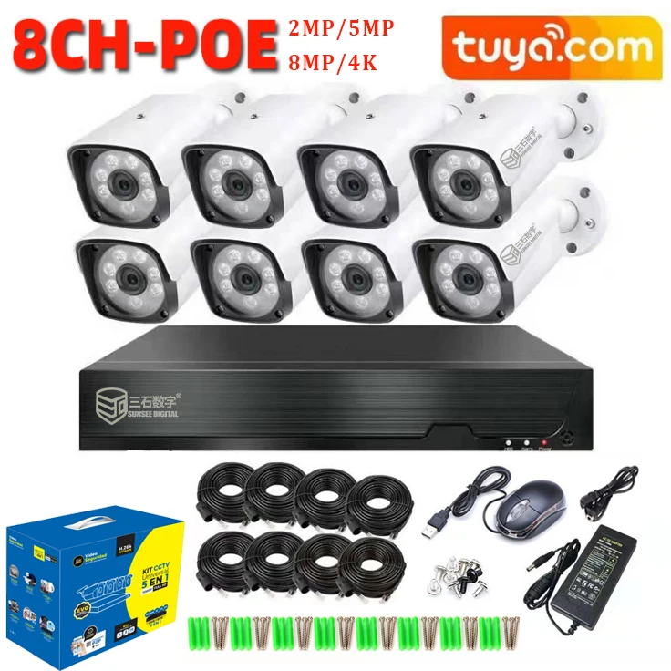 Tuya 5MP 8CH POE Security Camera System NVR Kit CCTV Two Way Audio AI Face Detect Outdoor Video Surveillance IP Camera Set
