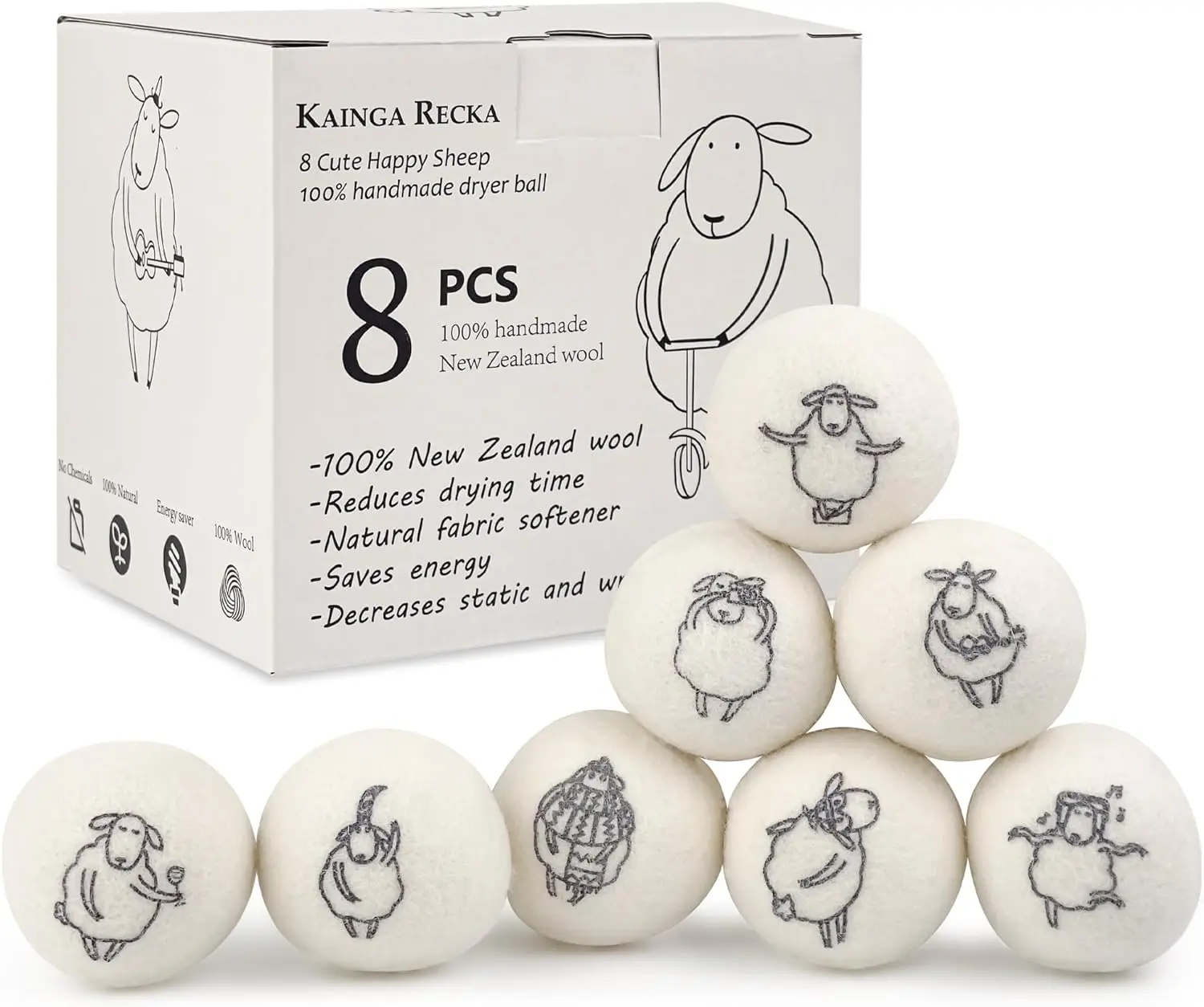 Wool Dryer Balls, 8PCS Dryer Balls with Happy Sheep - Natural & Organic, 100% New Zealand Wool Handmade
