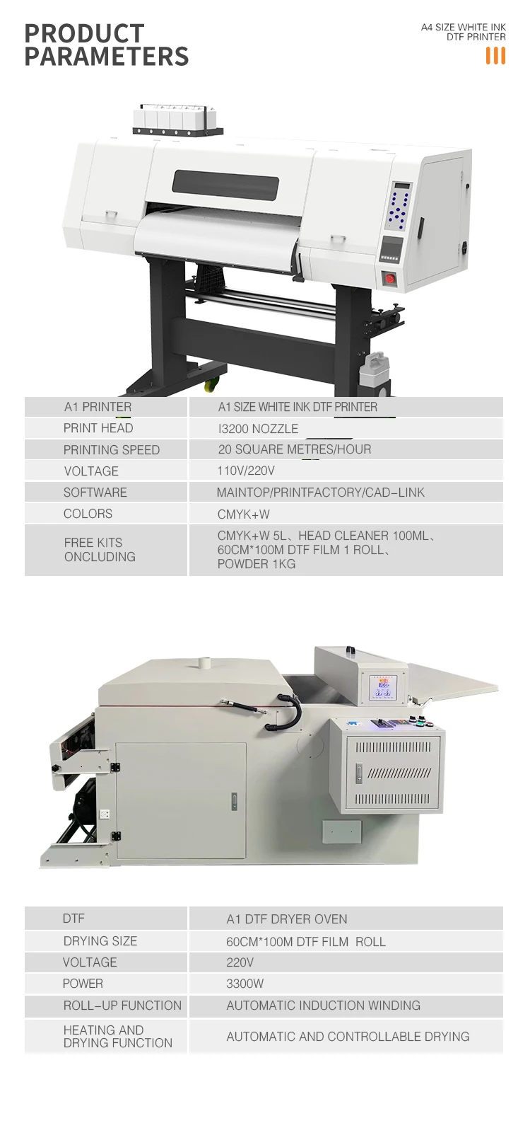 DTF Printer 60cm A1 Heat Transfer DTF Industrial Printer Machine With Powder 4 Heads Vinyl White Ink