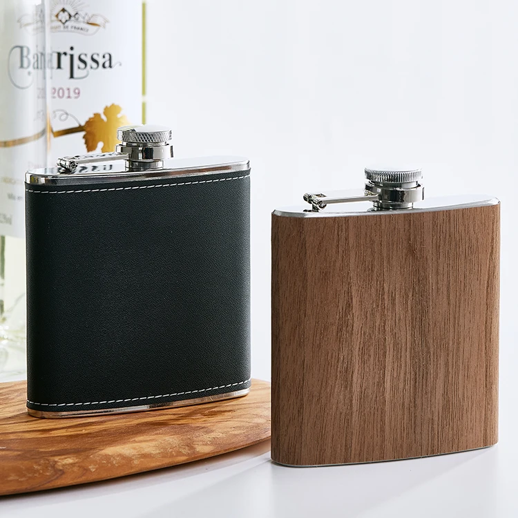 Hot Selling 6oz Wood Grain Leather Stainless Steel Wine Pocket Hip Flask for Party