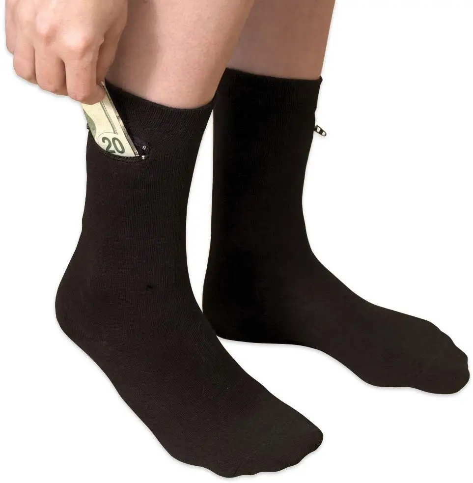 Men Black custom Dress Crew Hidden Zipper Pocket Socks