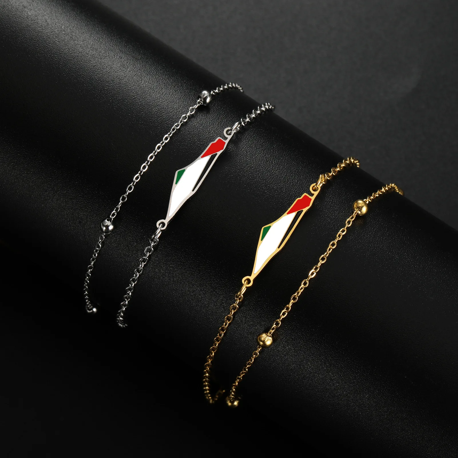 Wholesale 18k Gold Plated Palestine Map Braided Rope Bracelet 2 Layers Stainless Steel Palestine Map Charm Bracelet For Women