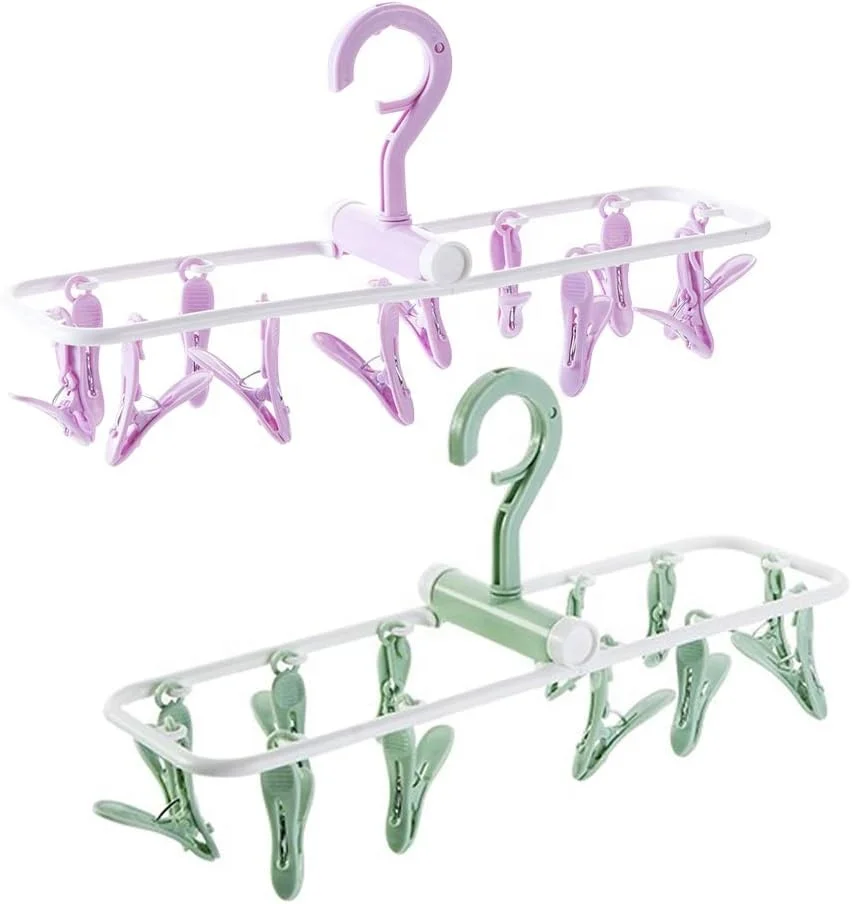 Folding Portable Laundry Hanger with 12 Clips Drying Rack for Socks&Lingerie Plastic Clothes Pins (Assorted)