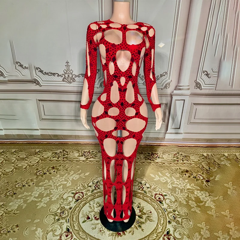 9 colors New Design Birthday Prom Shining Stones Outfit Evening Costume Flashing Mirrors Rhinestones Hollow Sexy Dress