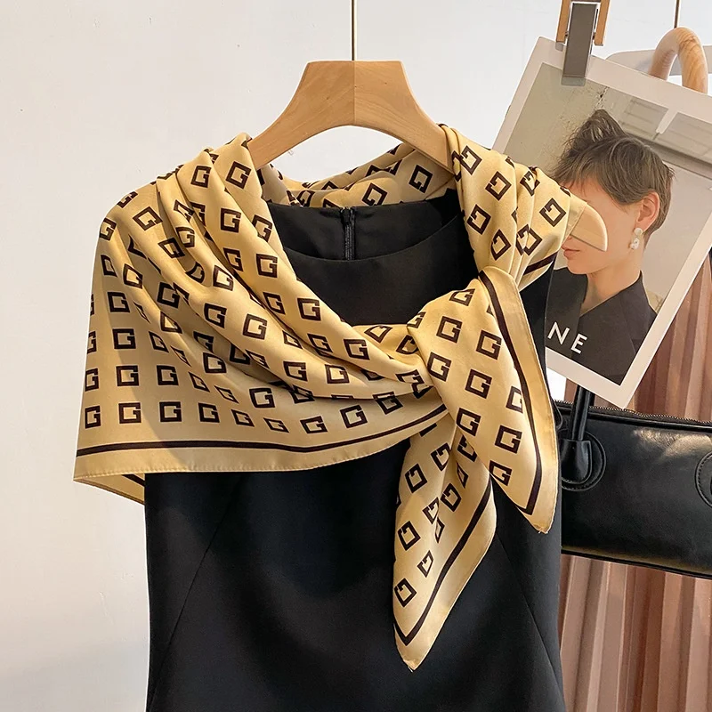 Custom Design Printing Silk Twillies Women Polyester Ribbon Hair Head Scarves Check Twill Scarf Square