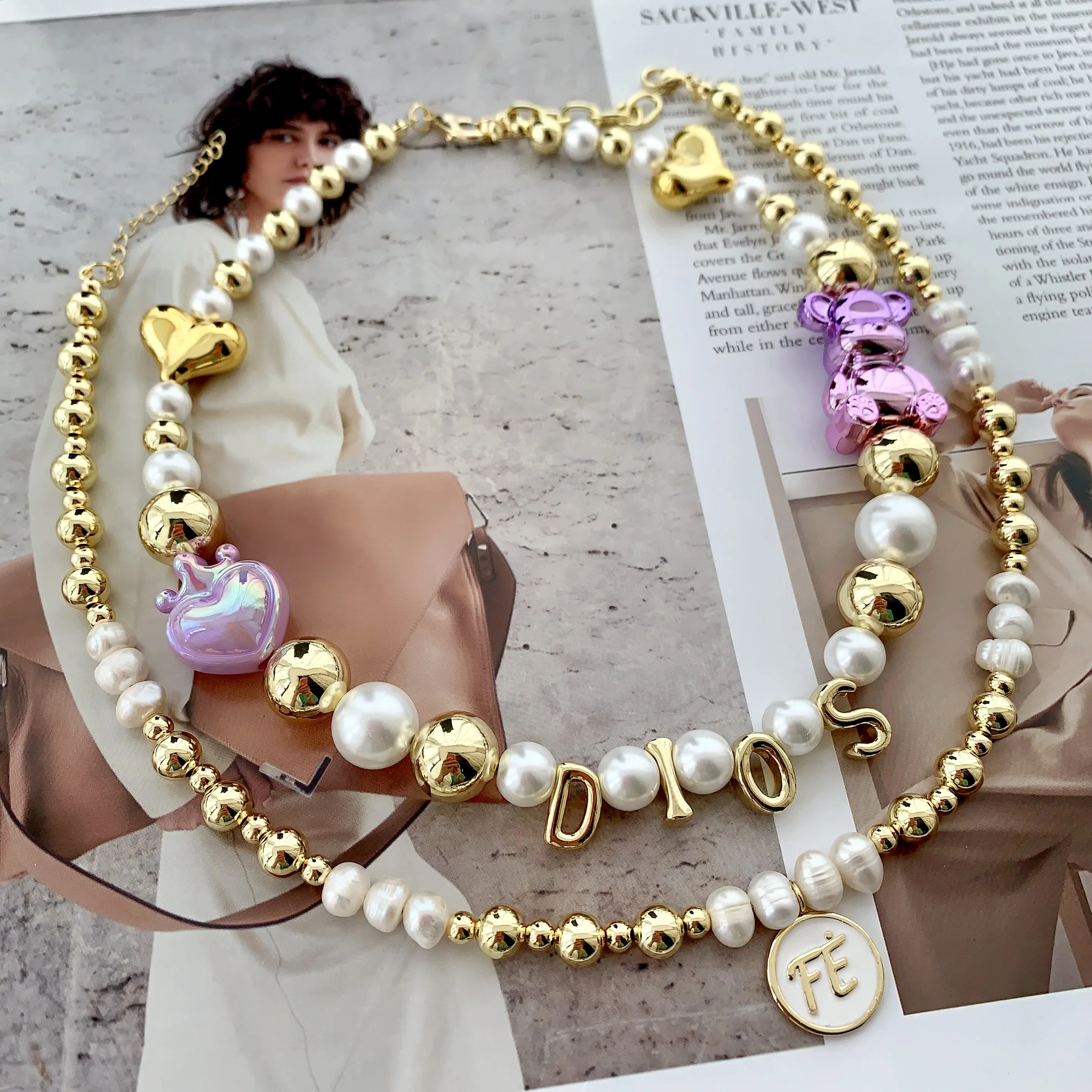 LS-L3617 Gorgeous enamel Fe necklaces God religious Dios necklace women men resin charms freshwater pearl necklace