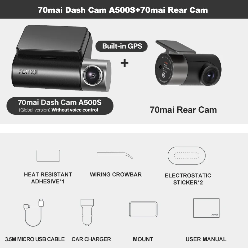 70 mai Dash Cam Pro Plus+ A500s-1 1944P Night Vision Dual Channel Car Dash Camera 2k Dvr Video Car Dashcam APP Control