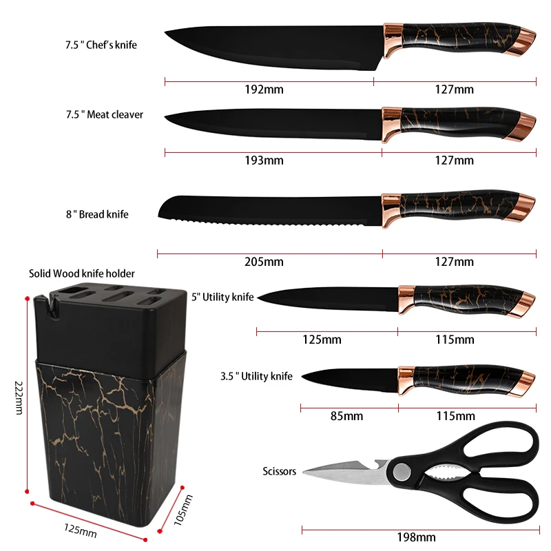 Popular wholesale 8-pcs chef knives scissors cheap stainless steel black handle kitchen knife set with block