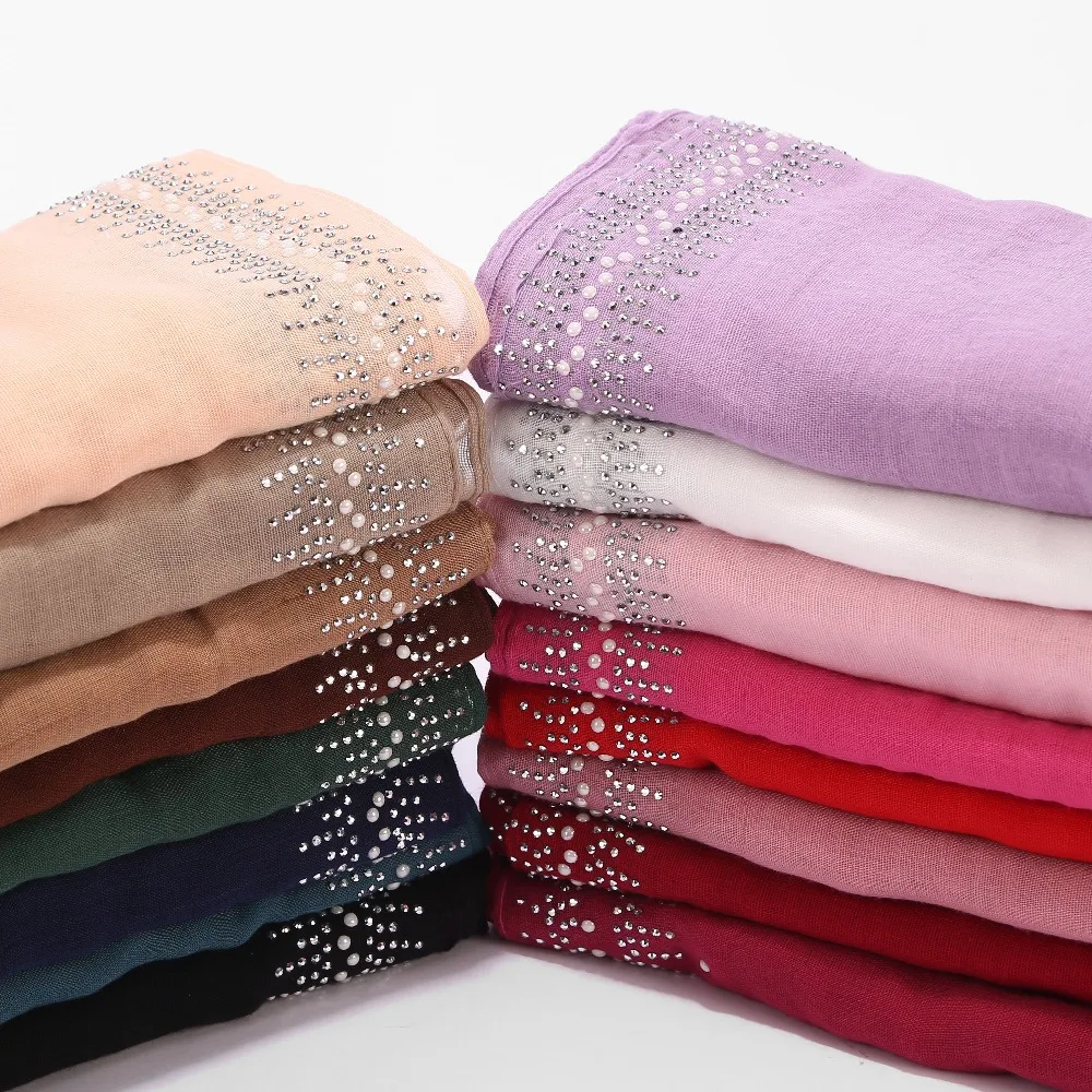 2020 новый мягкий хлопковый шарф с бриллиантами женский простой хиджаб жемчугом шаль накидка мусульманский