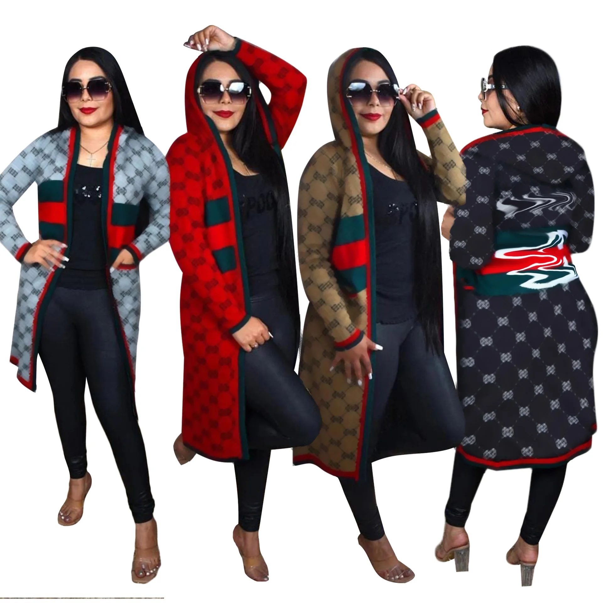 Wholesale designer clothing fashion black casual hooded coat long sleeve knitted long cardigan for women