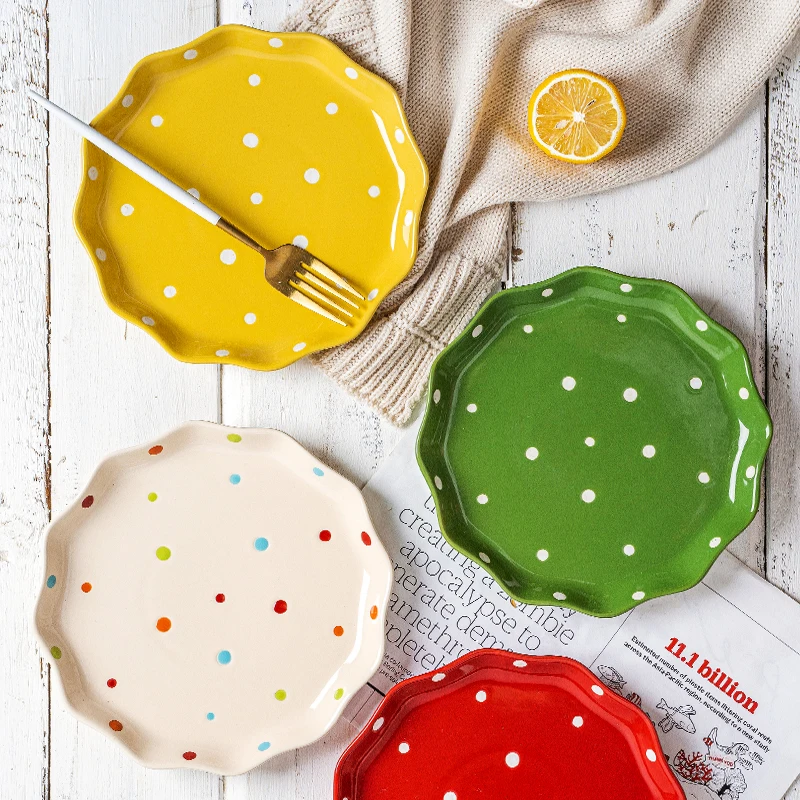 Hand Painted Polka Dots Cute Ceramic Dishes Casual Round Shape Cake Plates Sets Dinnerware
