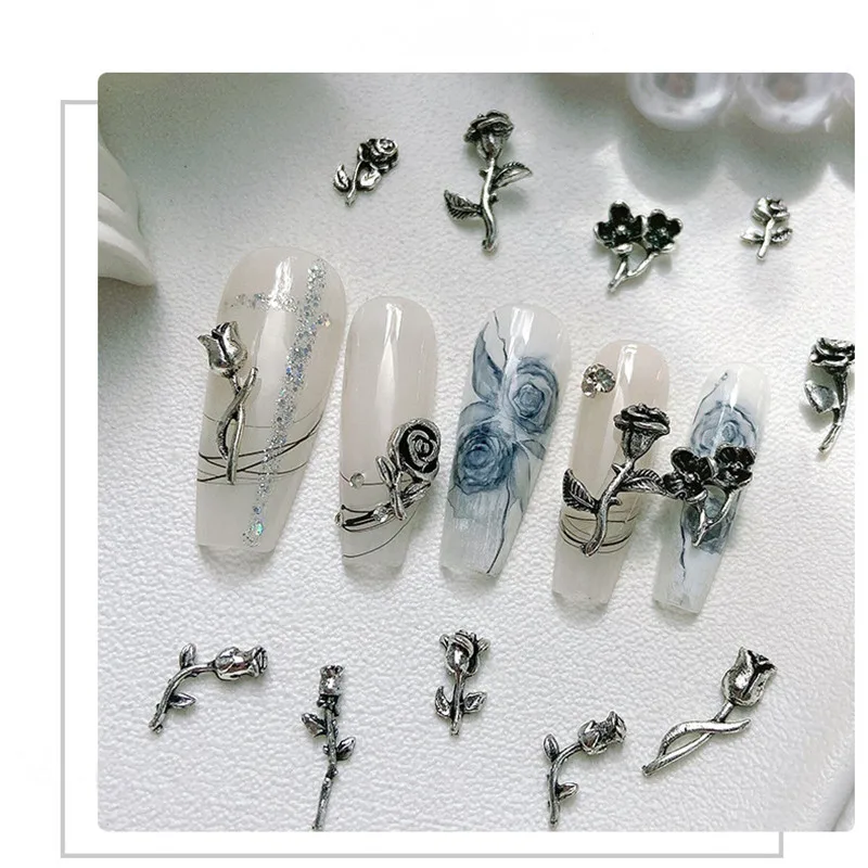 10pcs/bag Silver 3D Rose Flowers DIY Nail Art Charms for Nail Supplies