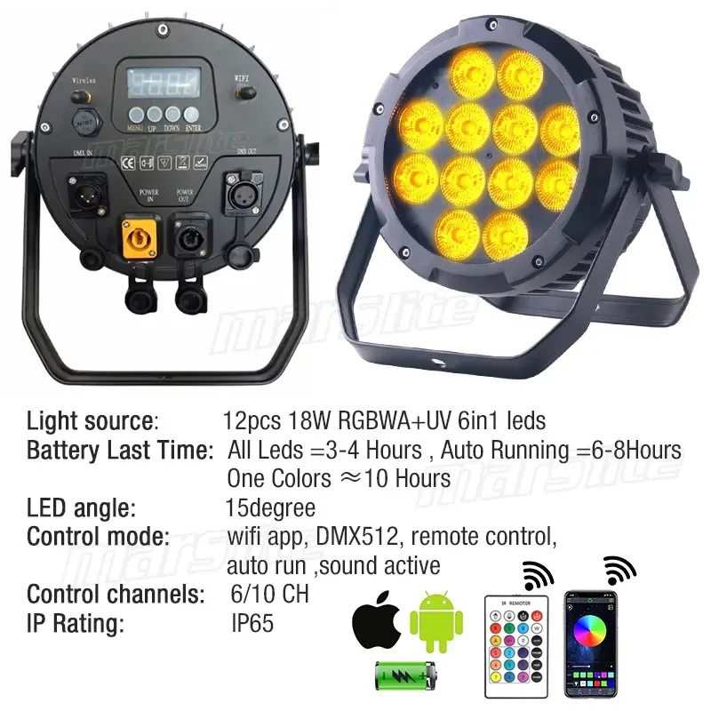 Marslite IP65 12x18w RGBAW UV Led Par Battery Wireless Wifi Battery Uplight Waterproof Led Par Light