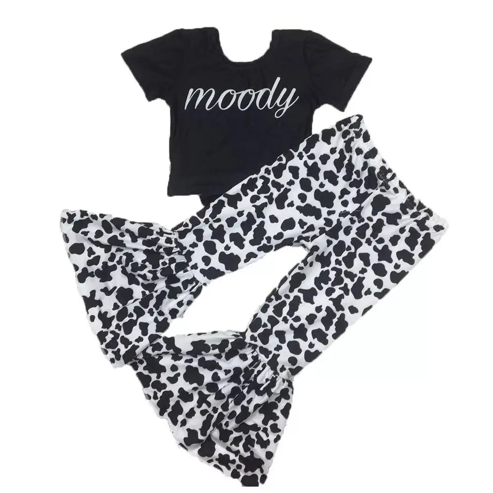 
wholesale children clothing outfit black crop tops moody pattern with leopard print bell pants toddler kids sets 