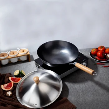 Wholesale 32cm cast iron wok with glass cover non-stick chinese wok wooden handle wok pan