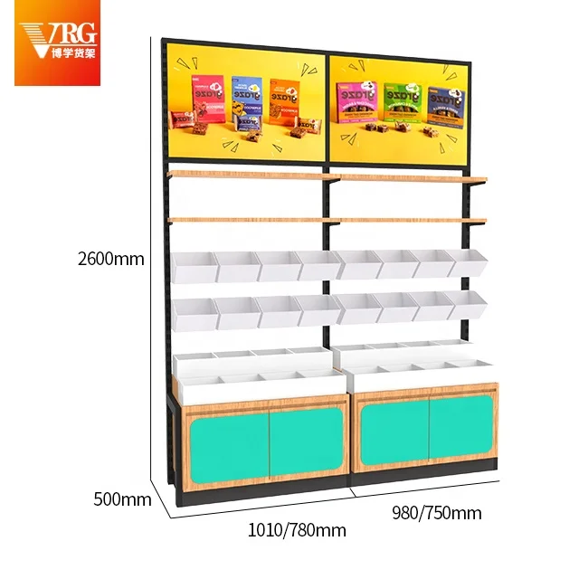 Supermarket bulk snack shelf display rack steel wood dried fruit candy display cabinet creative snack shelf customization