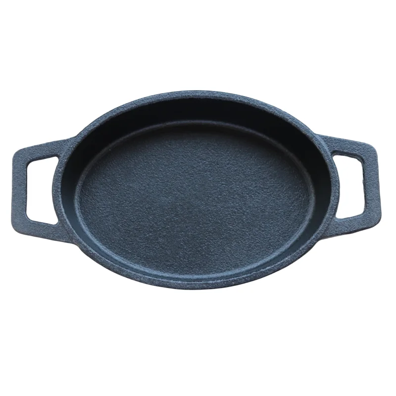 Fashion indoor outdoor cast iron round bbq grill pan sizzling plate oval cookware with wooden base