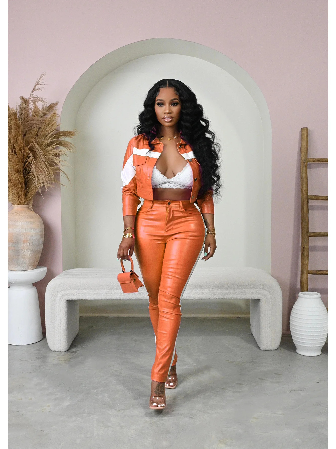 HANO Crop Jackets Women Two Piece Pu Faux Leather Fashion Ladies Outfits Long Pants Sets Spring Fall Street Wear Clothing