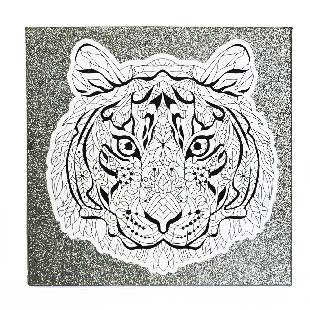 New design DIY glitter silver tiger white pure cotton head painting canvas frame