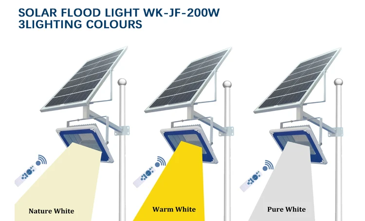 WAKATEK  Waterproof Ip67 Remote Control 150w 200w 400w led solar powered flood lights