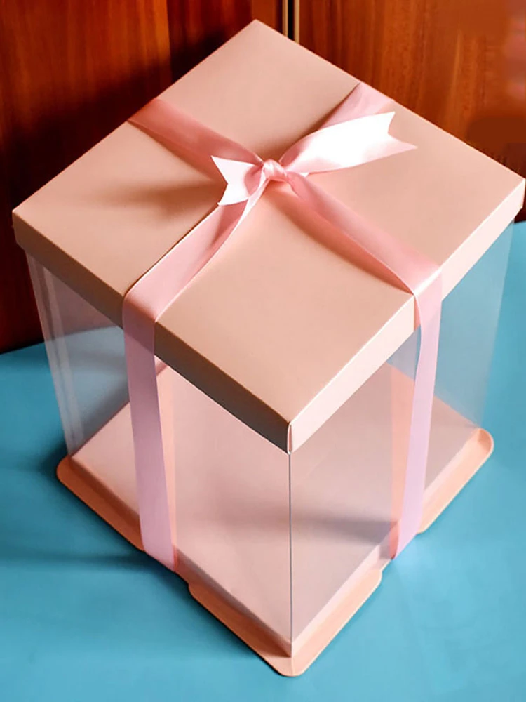 Wholesale 10 Inch Luxury Custom Pink Square Transparent Cake Box PVC PET Birthday Party Plastic Cake Box With Lid