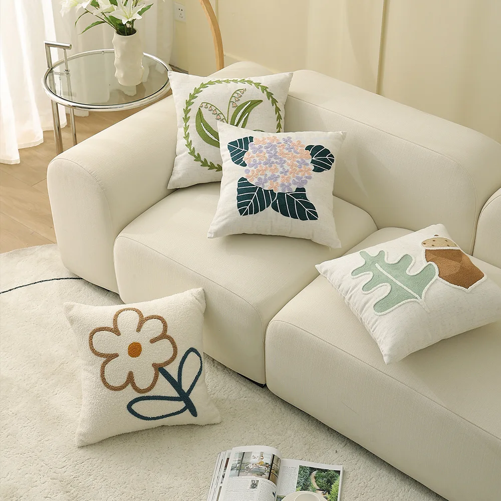Nordic Spring Flower Embroidered Pillow Cover Linen Polyester Throw Cushion Cover For Home Decoration