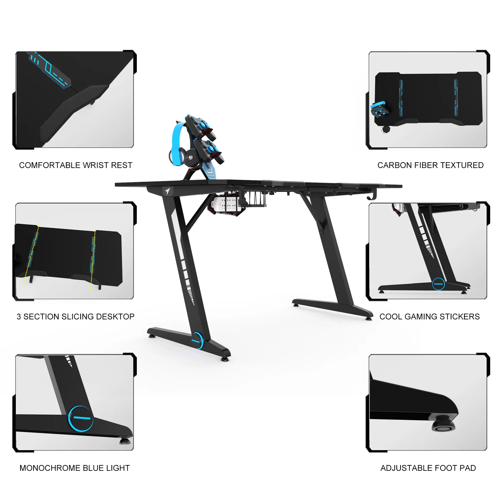 
Gaming Computer Desk with Large Carbon Fiber Surface Cup Holder & Headphone Hook for Home or Office,Gaming PC Desk Table 