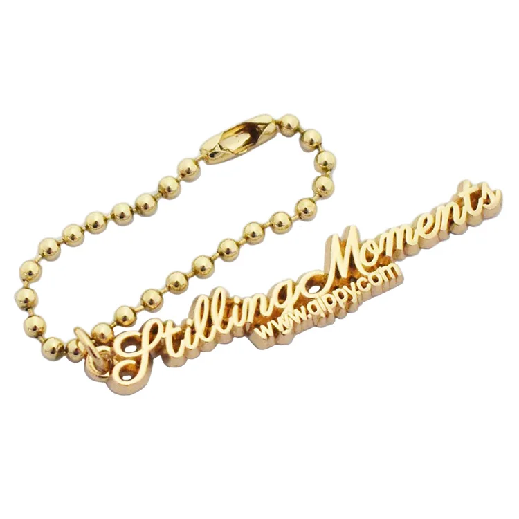 Bag hardware custom engraved metal alphabet logo label with ball chain for handbags