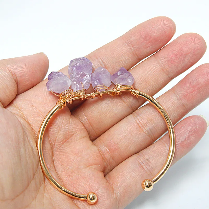 QIURAN Beaded Bracelets Handmade Single Crystal Copper Wire Bangle Amethyst Peridot Rose Quartz Aquamarine Natural Stone Beaded