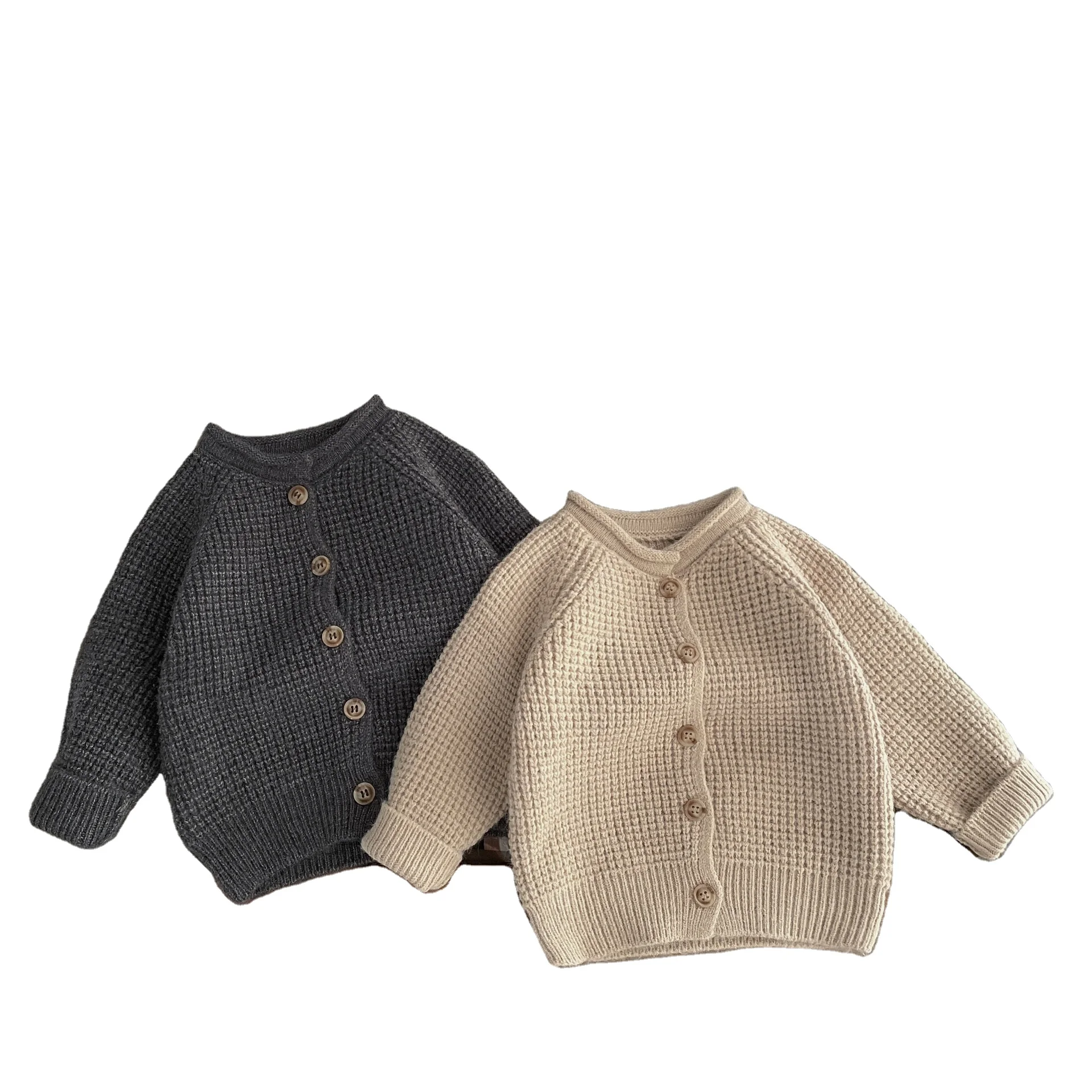 Custom Logo Autumn Newborn Baby Knit Sweater Cardigan Infant Solid Color Knitted Coat Toddler Boy Long Sleeve Top