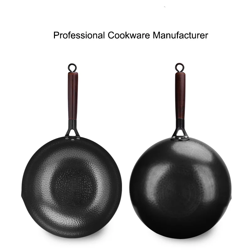 Non-Coating Chinese Wok With Wooden Lid Handmade Iron Wok Non-Stick Carbon Steel Wok Pan