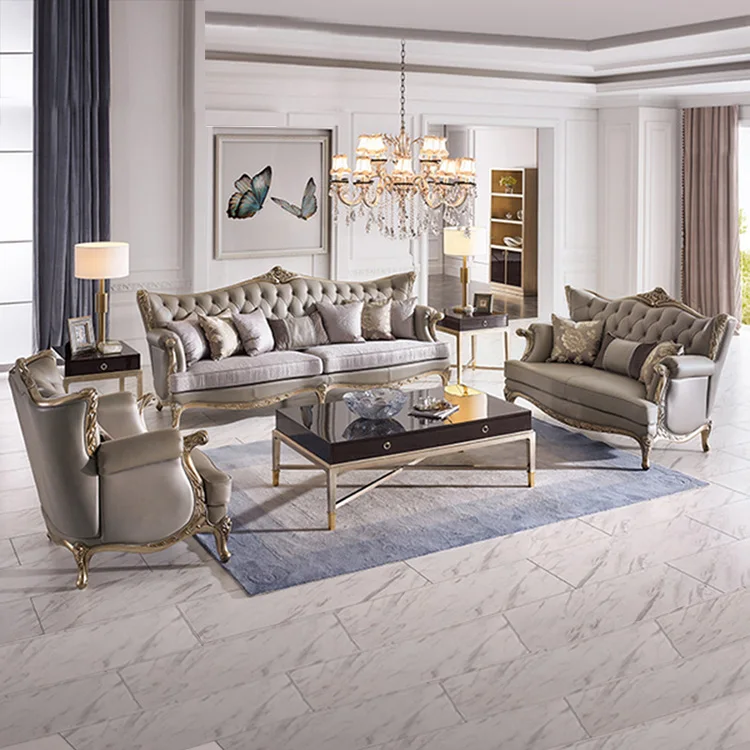 Modern Customized Light Luxury Royal French Designer Carved Solid Wood Upholstered Living Room Sectional Genuine Leather Sofa